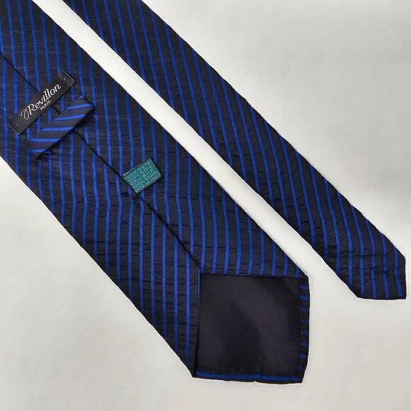 REVILLON PARIS SILK TIE BLACK BLUE STRIPE SEERSUCKER TEXTURED 3.75" X 57" - Picture 2 of 3